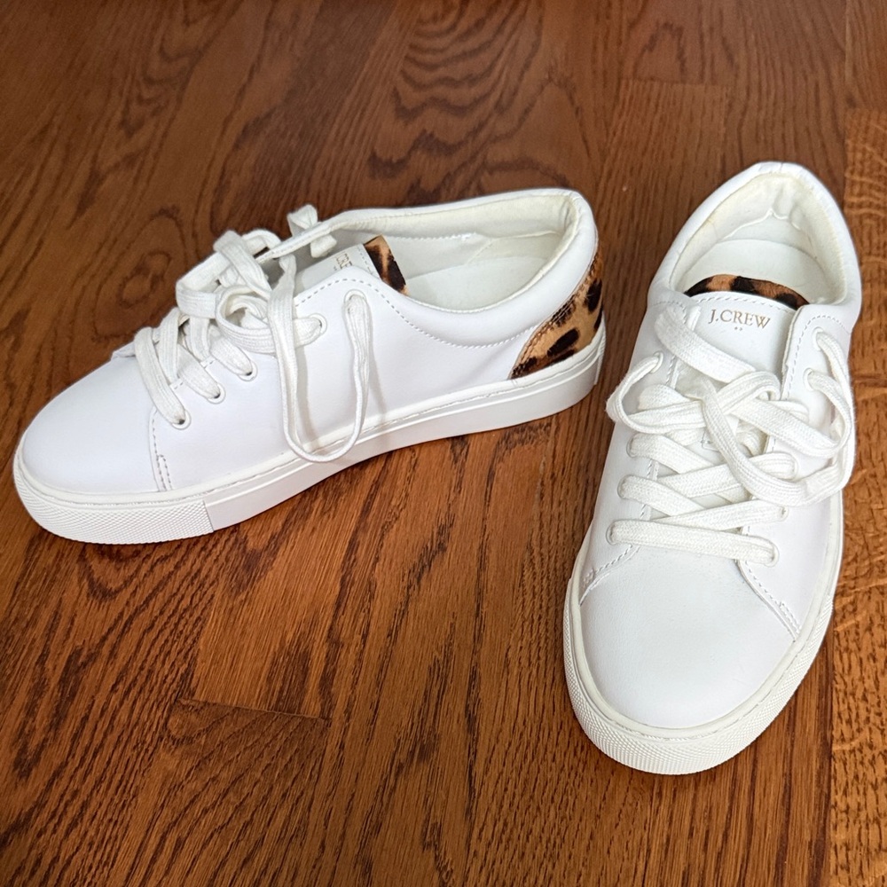 J. Crew White Low-Top Sneakers with Leopard Heel Detail